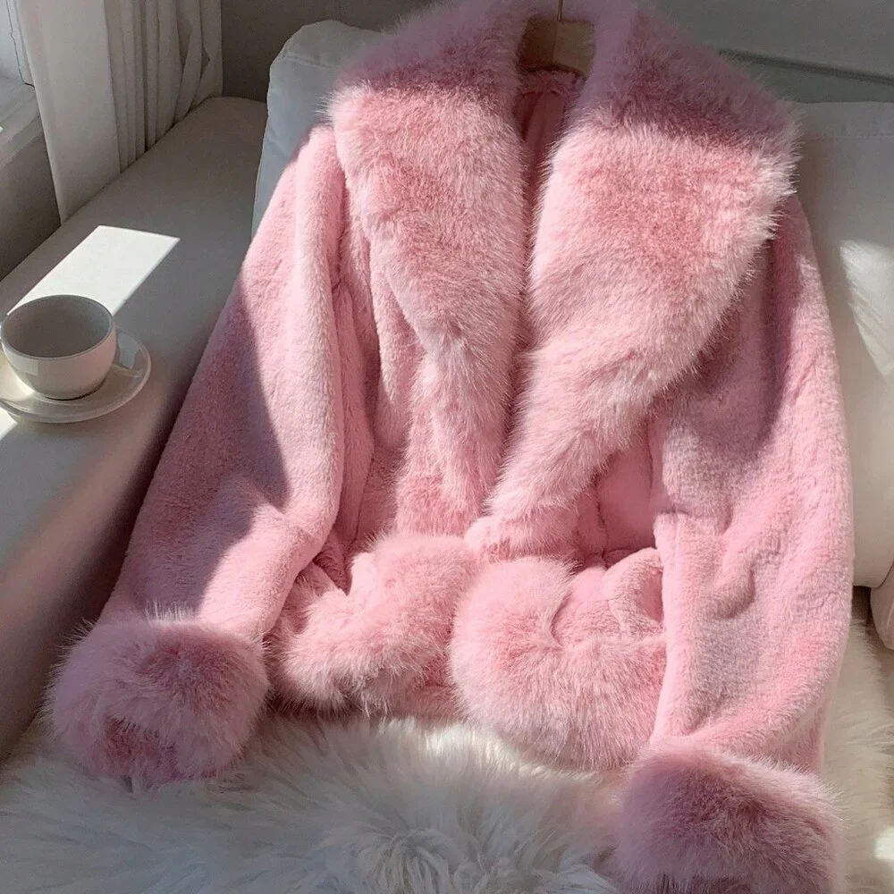 Baby Pink Casual Women's Faux Fur Coat - Picture 4 of 8